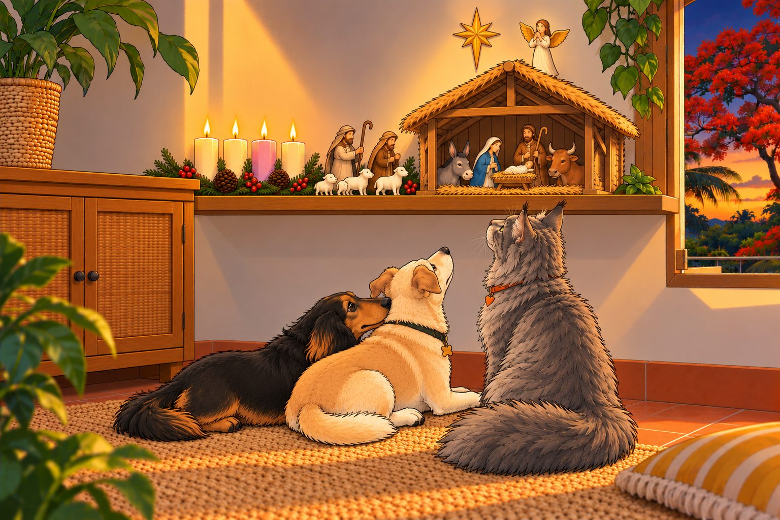 Deux chiens et un chat, couchés sur un tapis, regardent la crèche posée sur une étagère, avec quatre bougies allumées et un flamboyant en fleurs à la fenêtre.