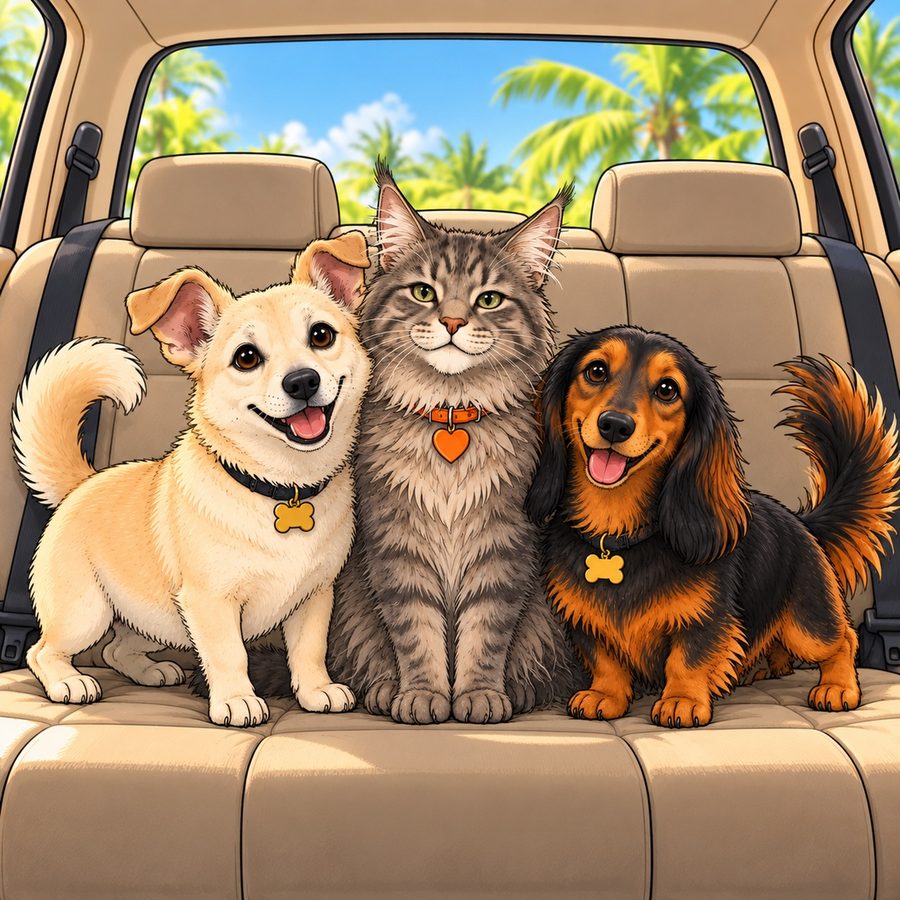 Les trois copains assis côte à côte sur la banquette d'une voiture : un chien crème, un grand chat tigré gris et un chien noir et feu.